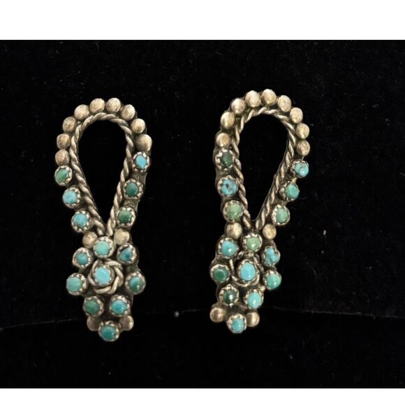 Vintage Zuni Sterling Petit Point Turquoise Flower/Hoop Screw Back Earrings - Picture 1 of 6